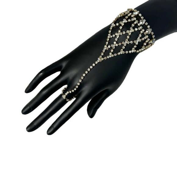 New Gold Chain Mesh Bracelet With Connecting Ring With Rhinestones For Women - Picture 8 of 10